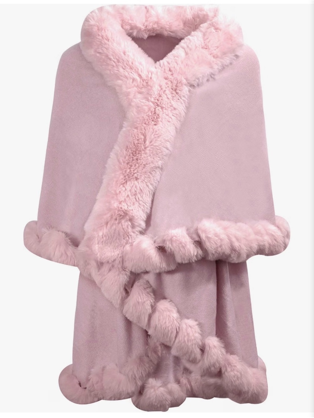 ZLYC Women Fine Knit Open Front Faux Fur Trim Layers Poncho Cape Cardigan Pink